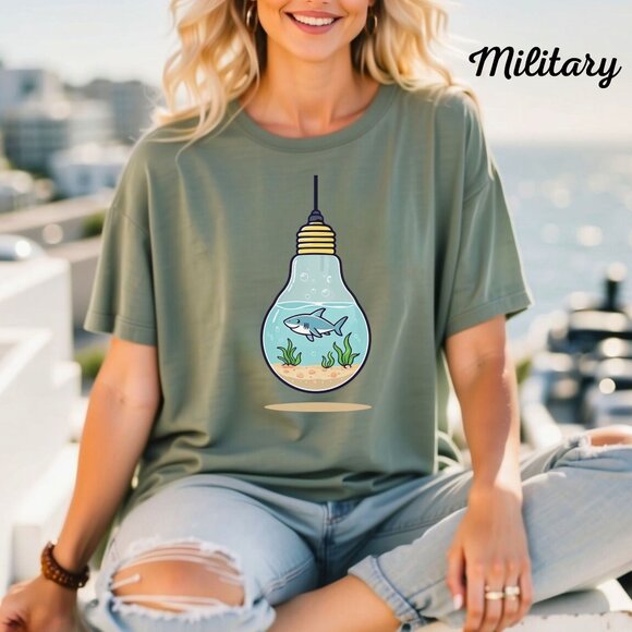 Gildan 5000 Tops - Womans T Shirt Shark In Lightbulb Graphic Olive Green Shirt
